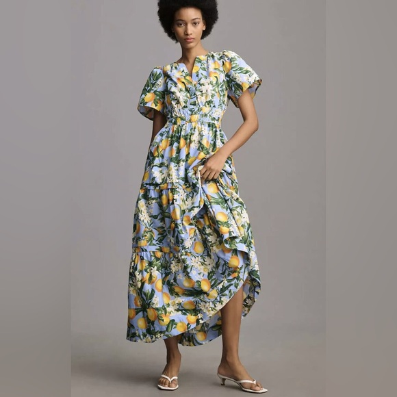 Anthropologie Somerset Maxi Dress Cotton Iris Blue Lemon Yellow - Picture 2 of 2